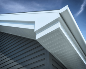Corner of roof from below showing soffits