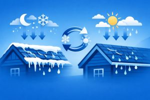 Graphic showing winter conditions and summer conditions with a cyclic icon in between