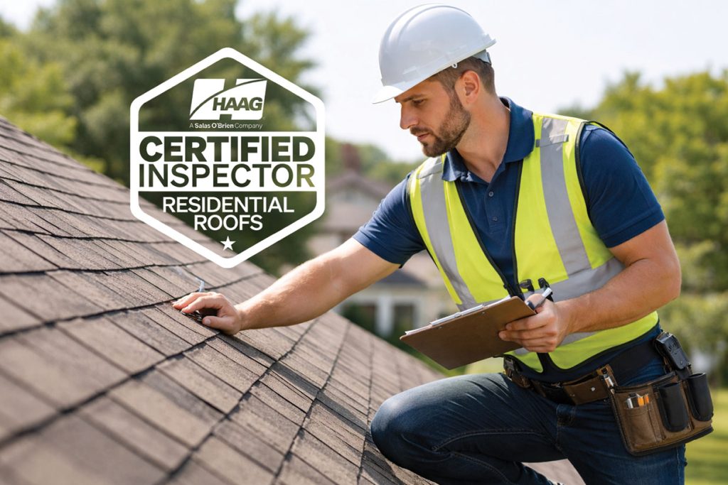 HAAG Certified residential roof inspector examining asphalt shingles while holding a clipboard.