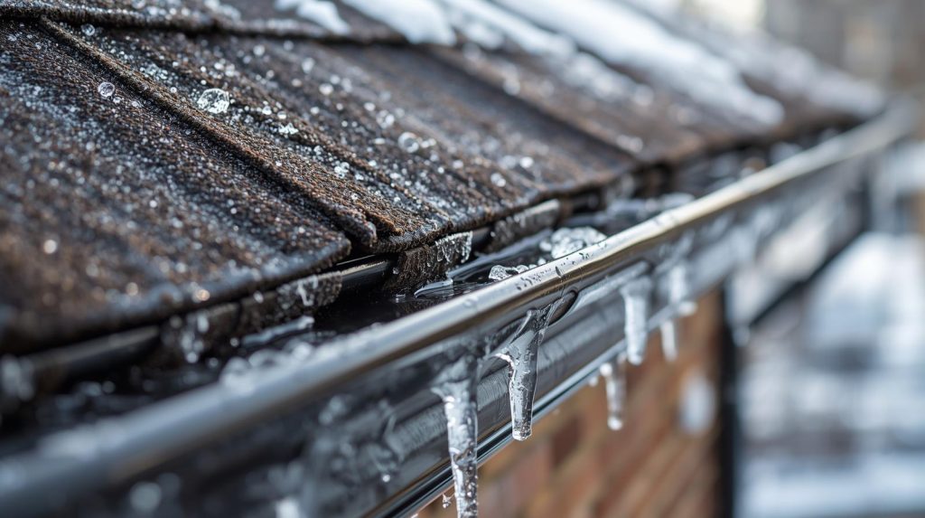 Close up of gutter with icicles hanging off