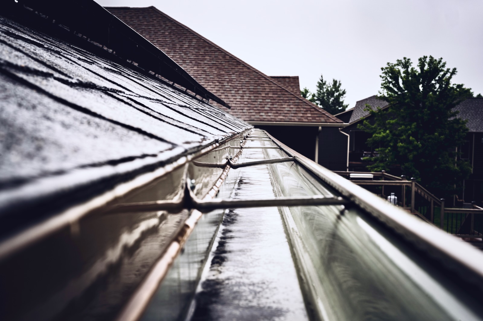 Rain-soaked eavestrough running along a wet asphalt shingle roofline on an overcast day.