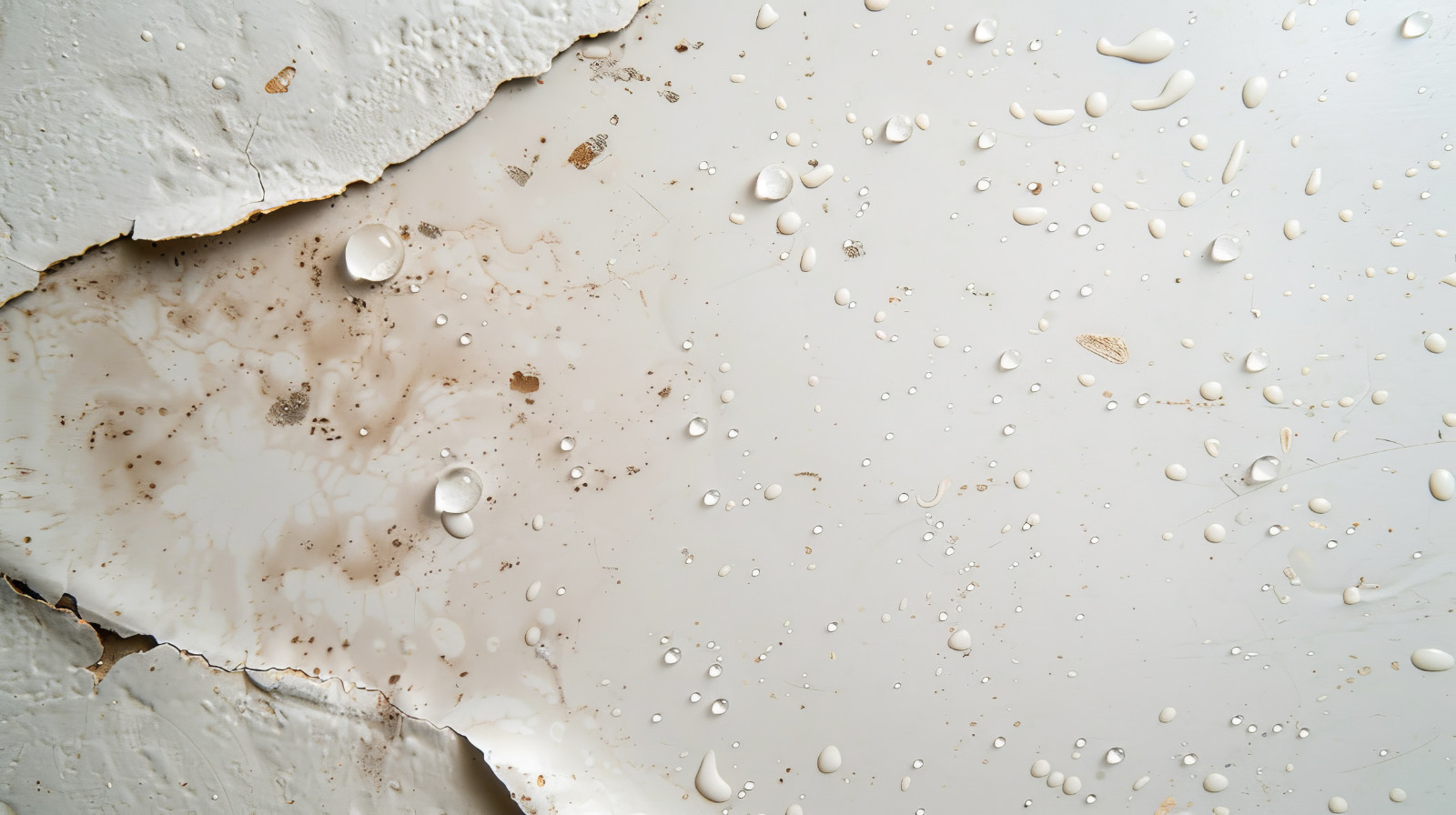 Close-up of water droplets on a damaged white roof membrane with peeling coating, dirt, and staining.