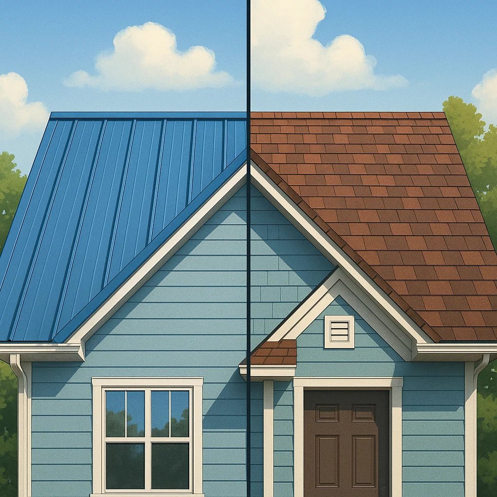 Illustration of a house split in half to compare roofing styles.