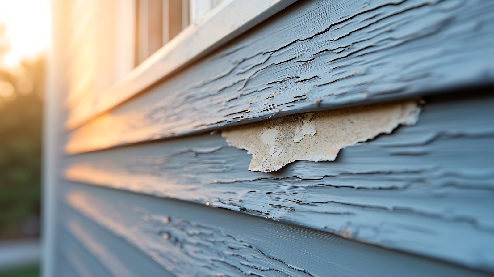 Close-up of cracked and peeling blue house siding near a window