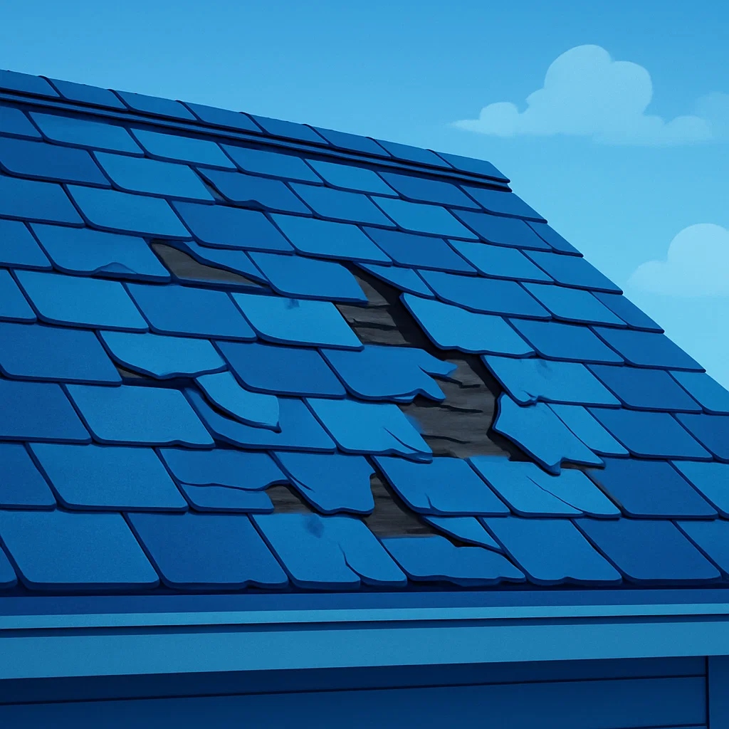 Wind-torn shingles exposing the roof deck