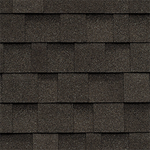 Close-up of black architectural shingles with contrasting layered tabs