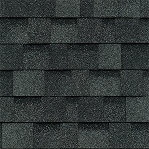 Close-up of black architectural shingles with contrasting layered tabs