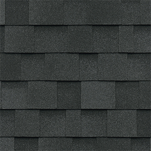 Close-up of black architectural shingles with contrasting layered tabs