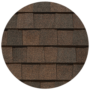 Close-up of brown architectural shingles in a staggered pattern