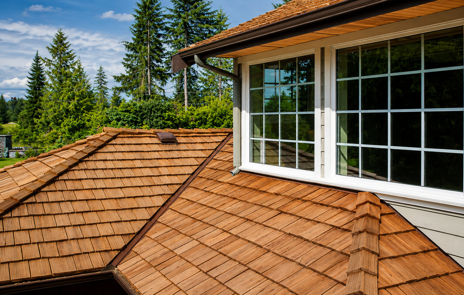 Cedar shake roof on a home with white grid windows and treed backyard beyond.
